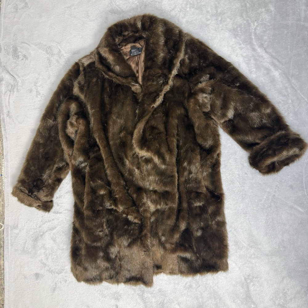 Dennis Basso Faux Mink Fur Coat Women 2X Brown Long Plus Size Shawl Collar